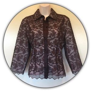 Doncaster brown metallic lace & nylon blouse sz 6